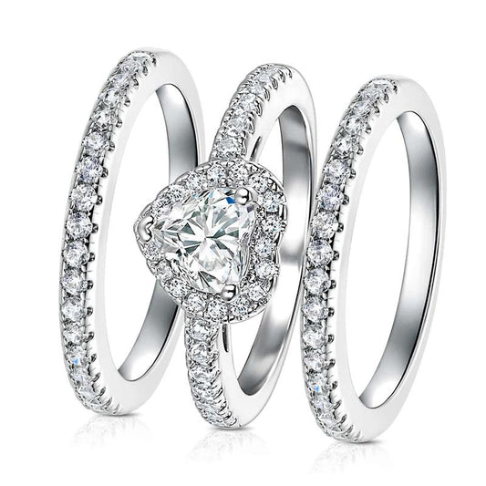 Vintage 1Ct Heart Cut Gems Three-In-One 3 Pieces Set Halo Wedding Engagement Promise Eternity Ring Set for Women Accessories