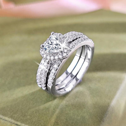 Vintage 1Ct Heart Cut Gems Three-In-One 3 Pieces Set Halo Wedding Engagement Promise Eternity Ring Set for Women Accessories