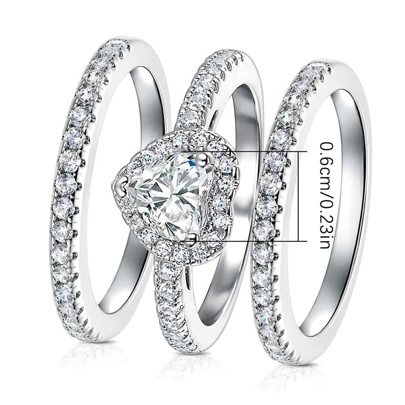 Vintage 1Ct Heart Cut Gems Three-In-One 3 Pieces Set Halo Wedding Engagement Promise Eternity Ring Set for Women Accessories