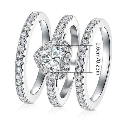 Vintage 1Ct Heart Cut Gems Three-In-One 3 Pieces Set Halo Wedding Engagement Promise Eternity Ring Set for Women Accessories