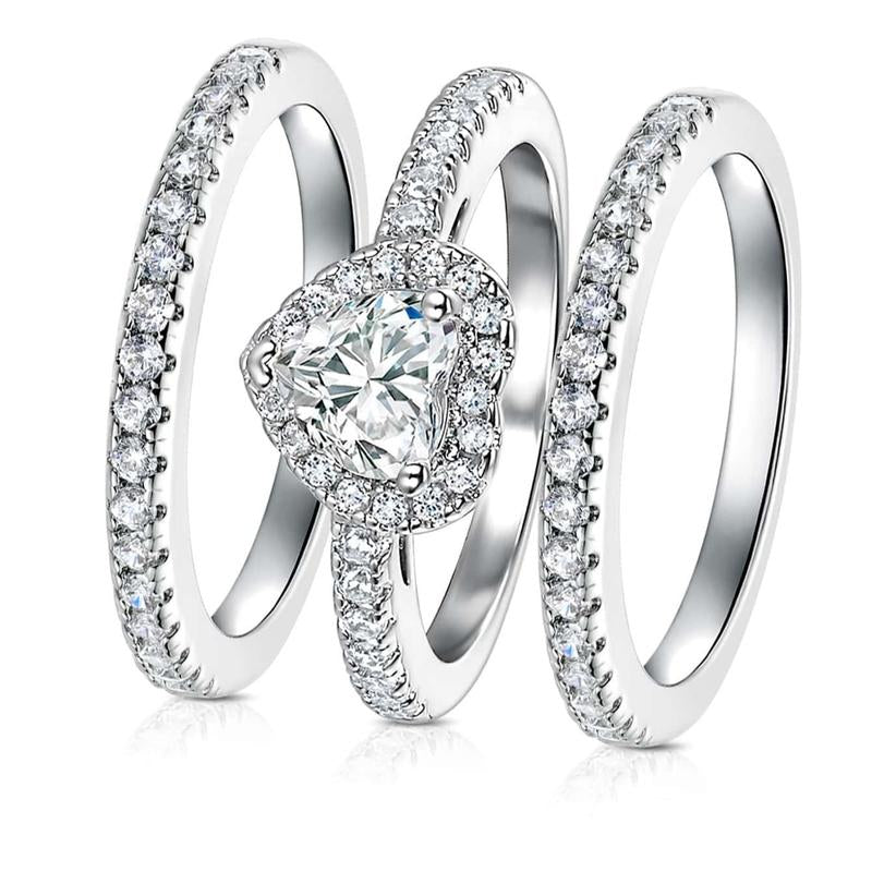 Vintage 1Ct Heart Cut Gems Three-In-One 3 Pieces Set Halo Wedding Engagement Promise Eternity Ring Set for Women Accessories