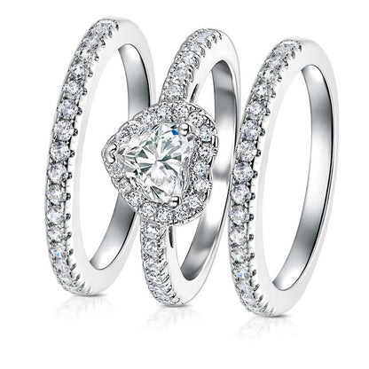 Vintage 1Ct Heart Cut Gems Three-In-One 3 Pieces Set Halo Wedding Engagement Promise Eternity Ring Set for Women Accessories