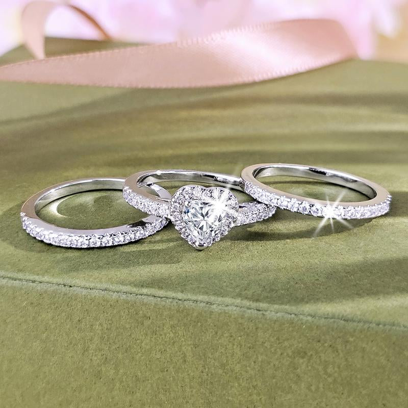Vintage 1Ct Heart Cut Gems Three-In-One 3 Pieces Set Halo Wedding Engagement Promise Eternity Ring Set for Women Accessories